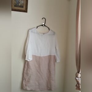 Tahari Dress Women Medium White And Tan Linen Breezy Academia Versatile Preppy